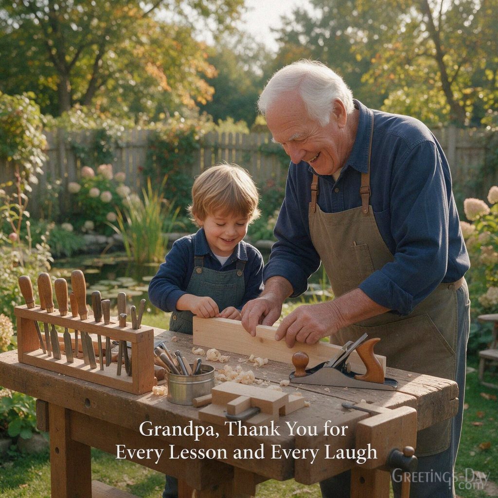 Grandparents Day message for Grandpa teaching his grandchild woodworking with “Thank You for Every Lesson and Every Laugh” with the text 