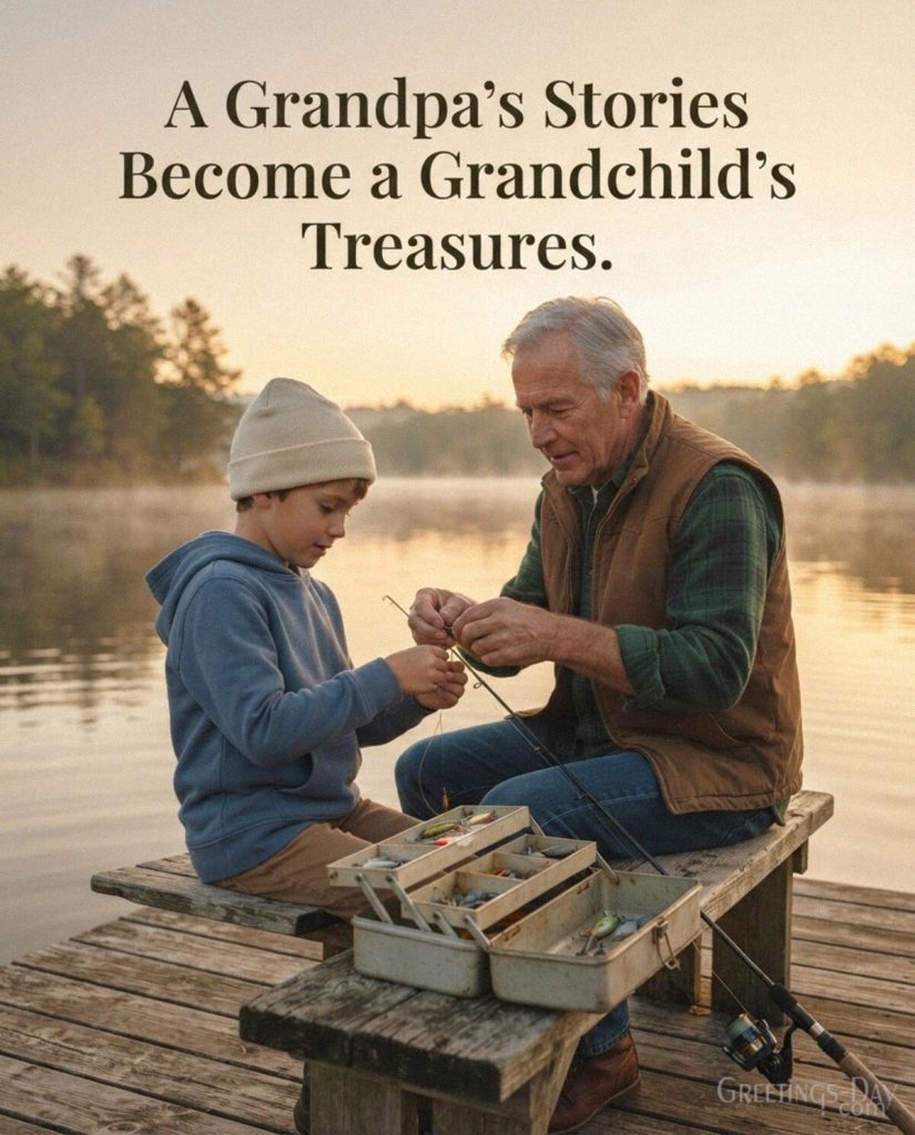 Meaningful Grandpa quote by a peaceful lake with grandson and “A Grandpa’s Stories Become a Grandchild’s Treasures” with the text