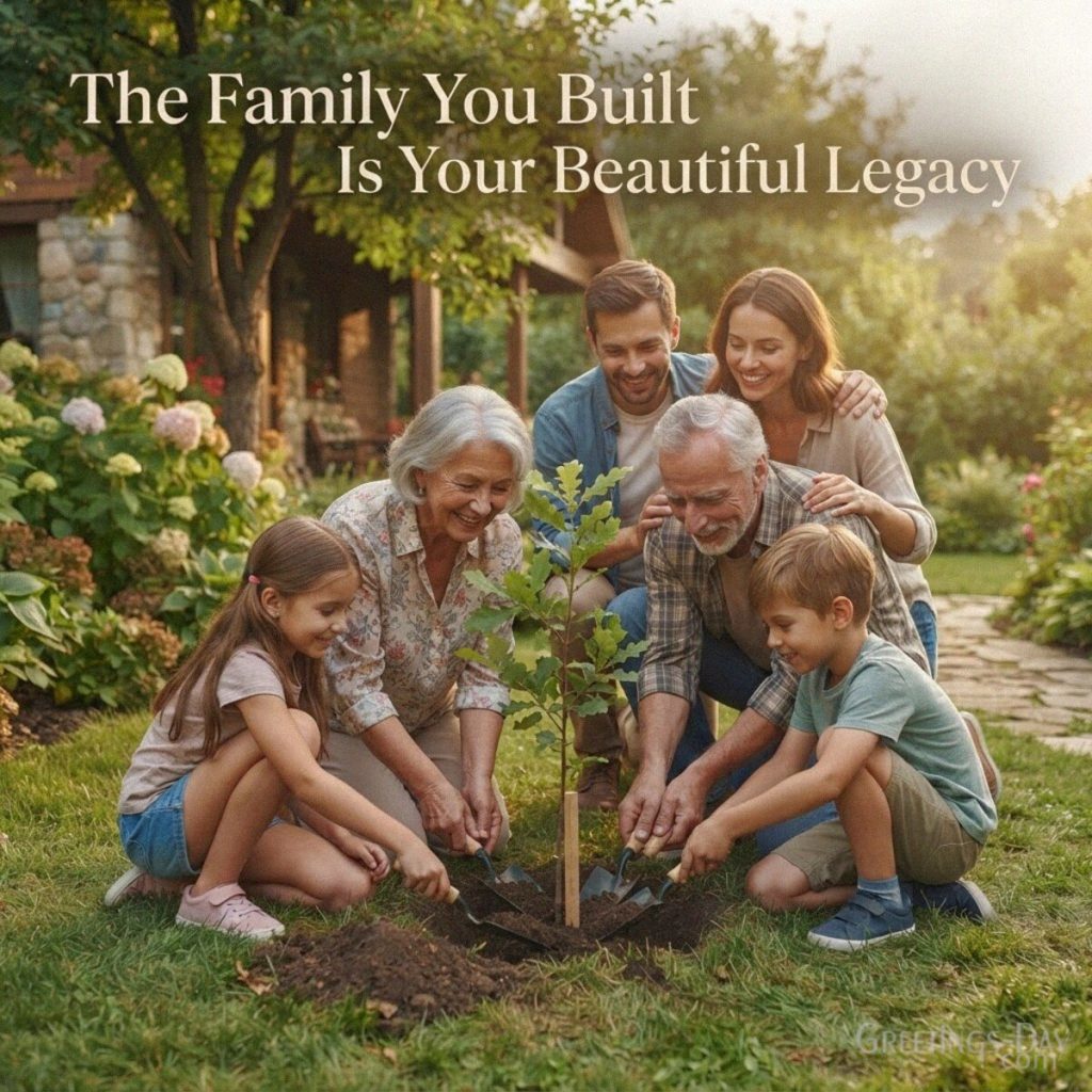 Grandparents family legacy message with three generations together and “The Family You Built Is Your Beautiful Legacy” with the text 