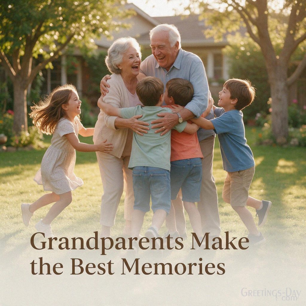 Grandparents Make the Best Memories image with grandchildren running to hug Grandma and Grandpa in a sunny backyard with the text