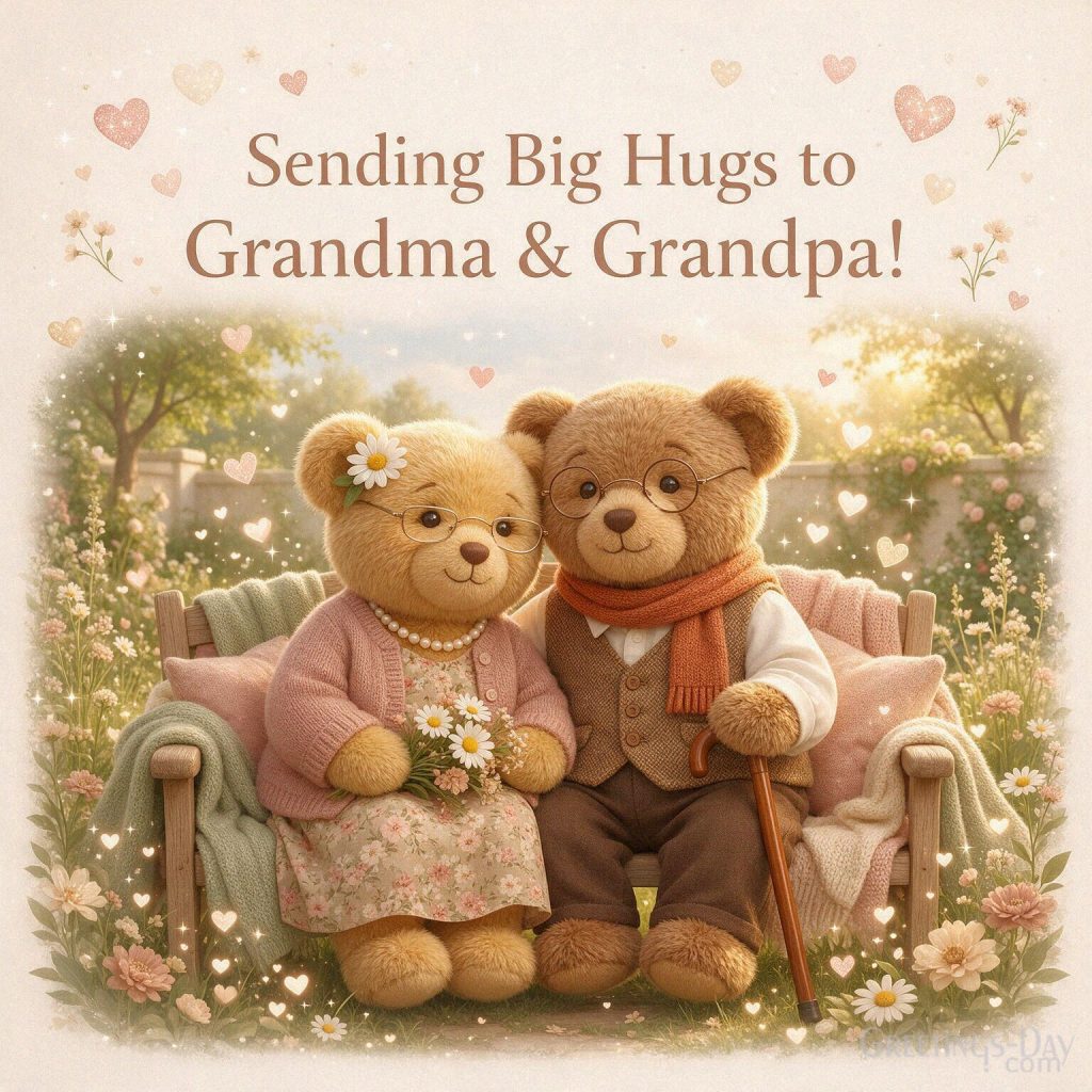 Sending Big Hugs to Grandma & Grandpa cute Grandparents Day card with adorable teddy bears and garden flowers with the text