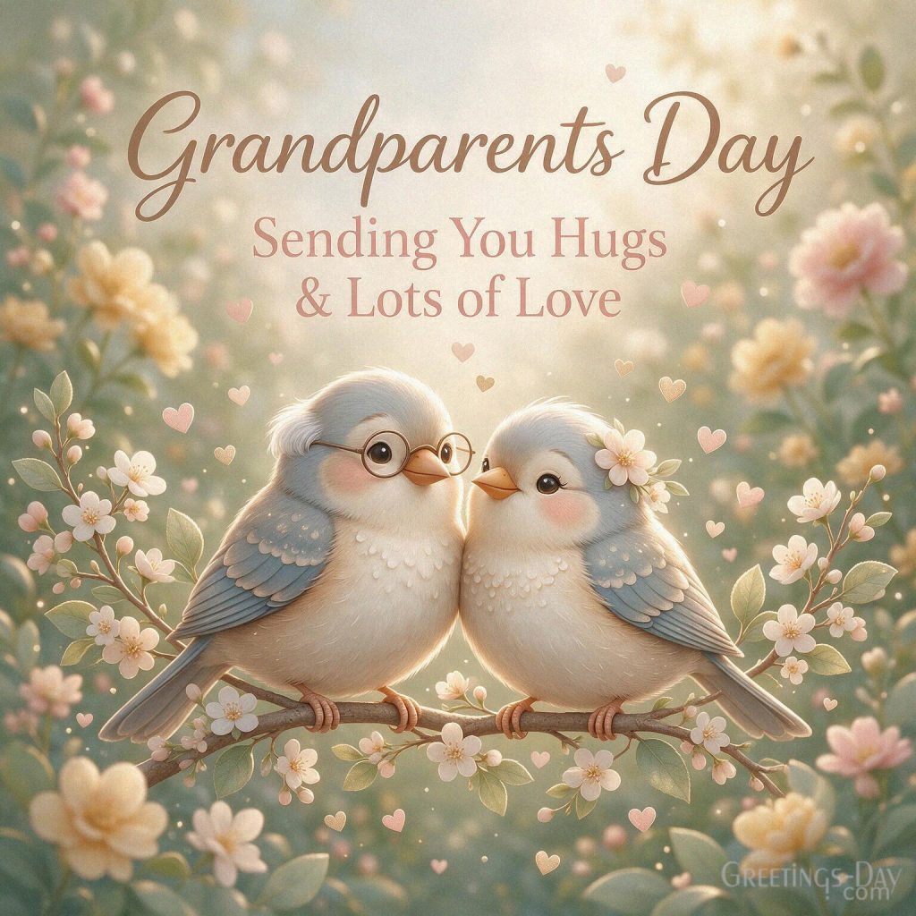 Cute Grandparents Day image with sweet grandparent lovebirds and the message “Sending You Hugs & Lots of Love” with the text 