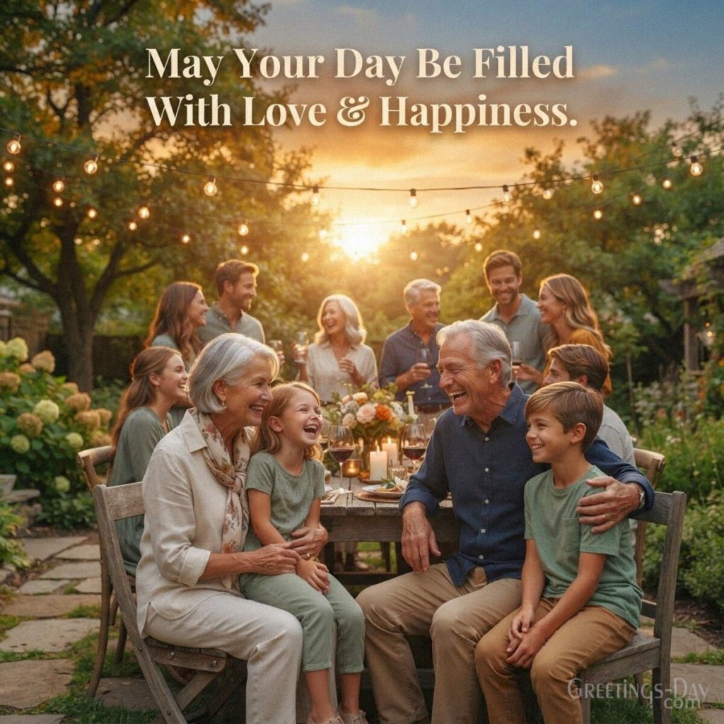 Warm Grandparents Day wish with a multigenerational family together at sunset and “May Your Day Be Filled With Love & Happiness” with the text 
