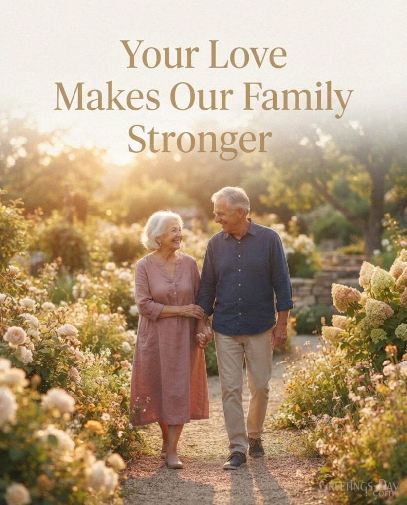 Meaningful Grandparents Day card with loving grandparents and the message “Your Love Makes Our Family Stronger” with the text 