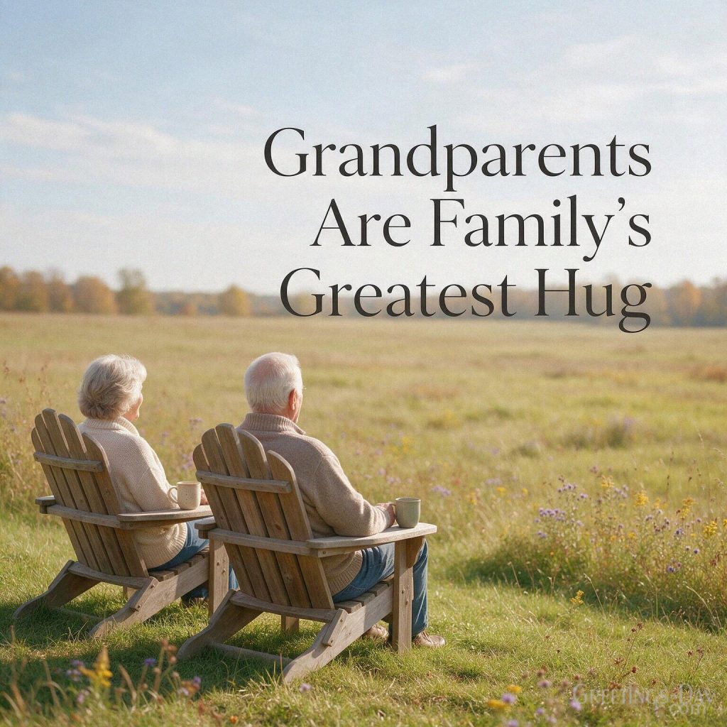 Cute short Grandparents Day quote featuring Grandma and Grandpa together and “Grandparents Are Family’s Greatest Hug” with the text