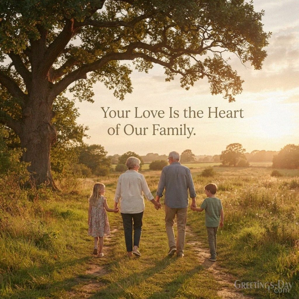 Inspirational Grandparents Day wish with grandparents and grandchildren beneath an oak tree and “Your Love Is the Heart of Our Family” with the text