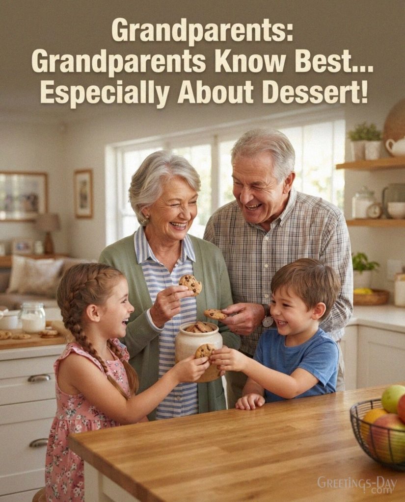 Funny grandparents message showing Grandma and Grandpa sneaking treats to the grandkids with “Grandparents Know Best… Especially About Dessert!” with the text 