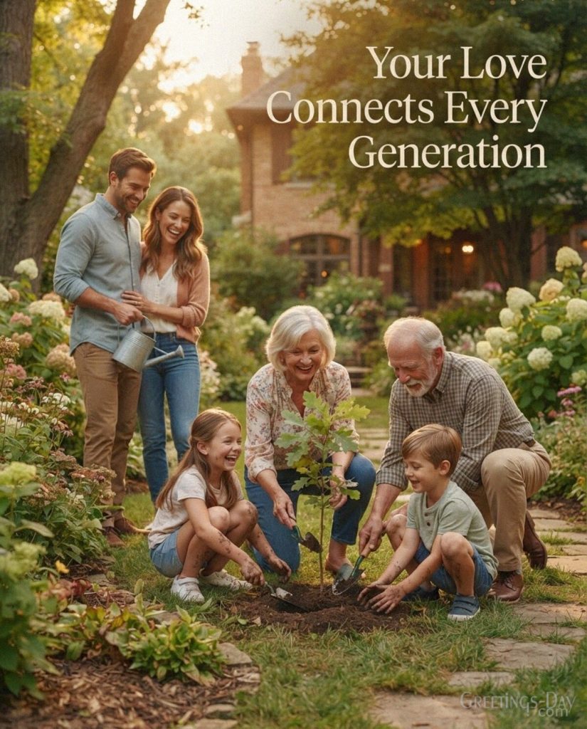 Meaningful Grandparents Day family message showing three generations planting a tree with “Your Love Connects Every Generation” with the text 