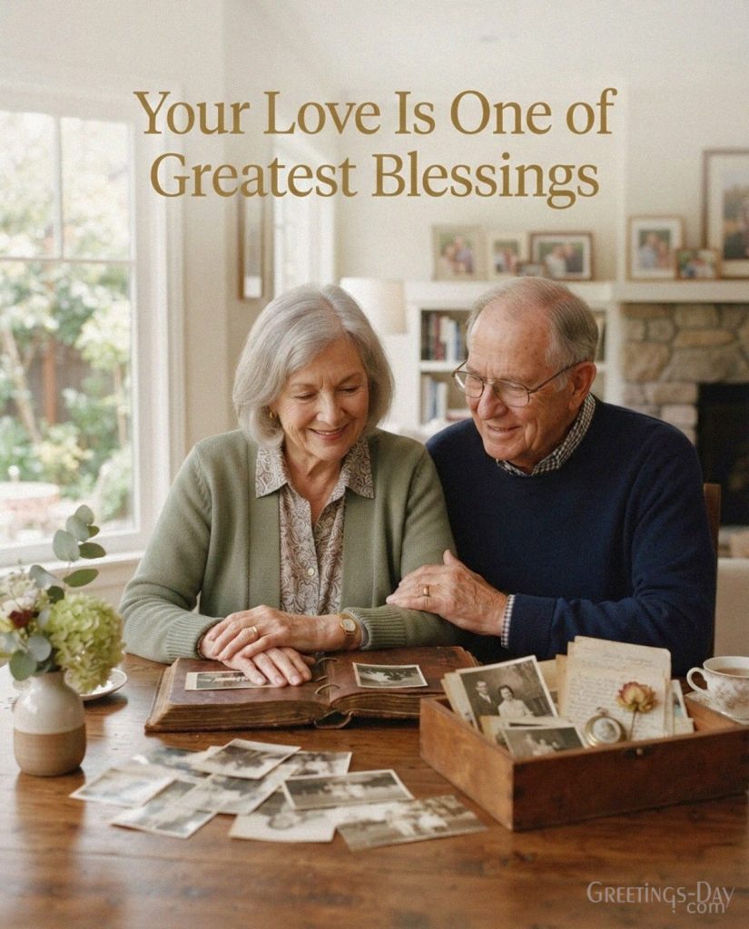 Special Grandparents Day message featuring Grandma and Grandpa with family keepsakes and “Your Love Is One of Our Greatest Blessings” with the text