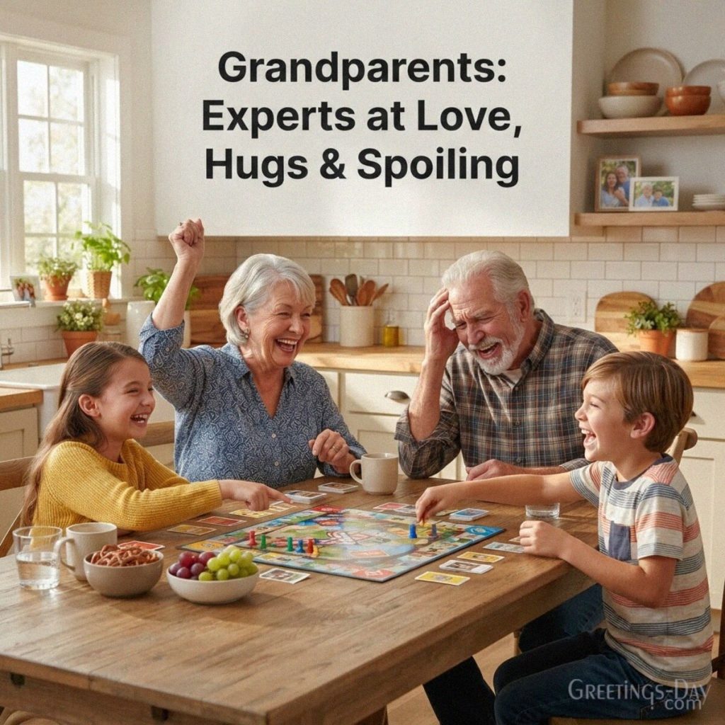 Funny Grandparents Day message with Grandma and Grandpa playing a board game with grandkids and “Experts at Love