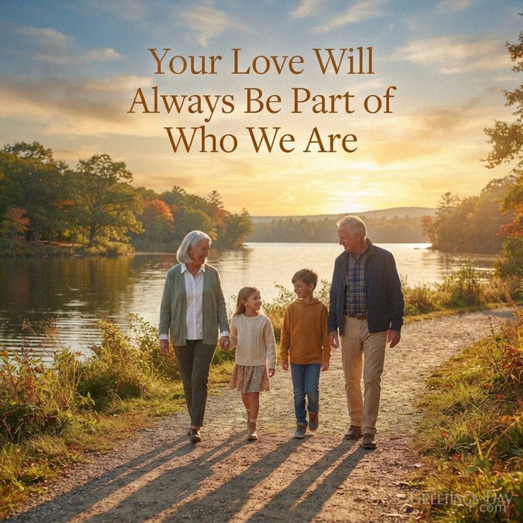 Inspirational Grandparents Day family message at sunset with “Your Love Will Always Be Part of Who We Are” with the text