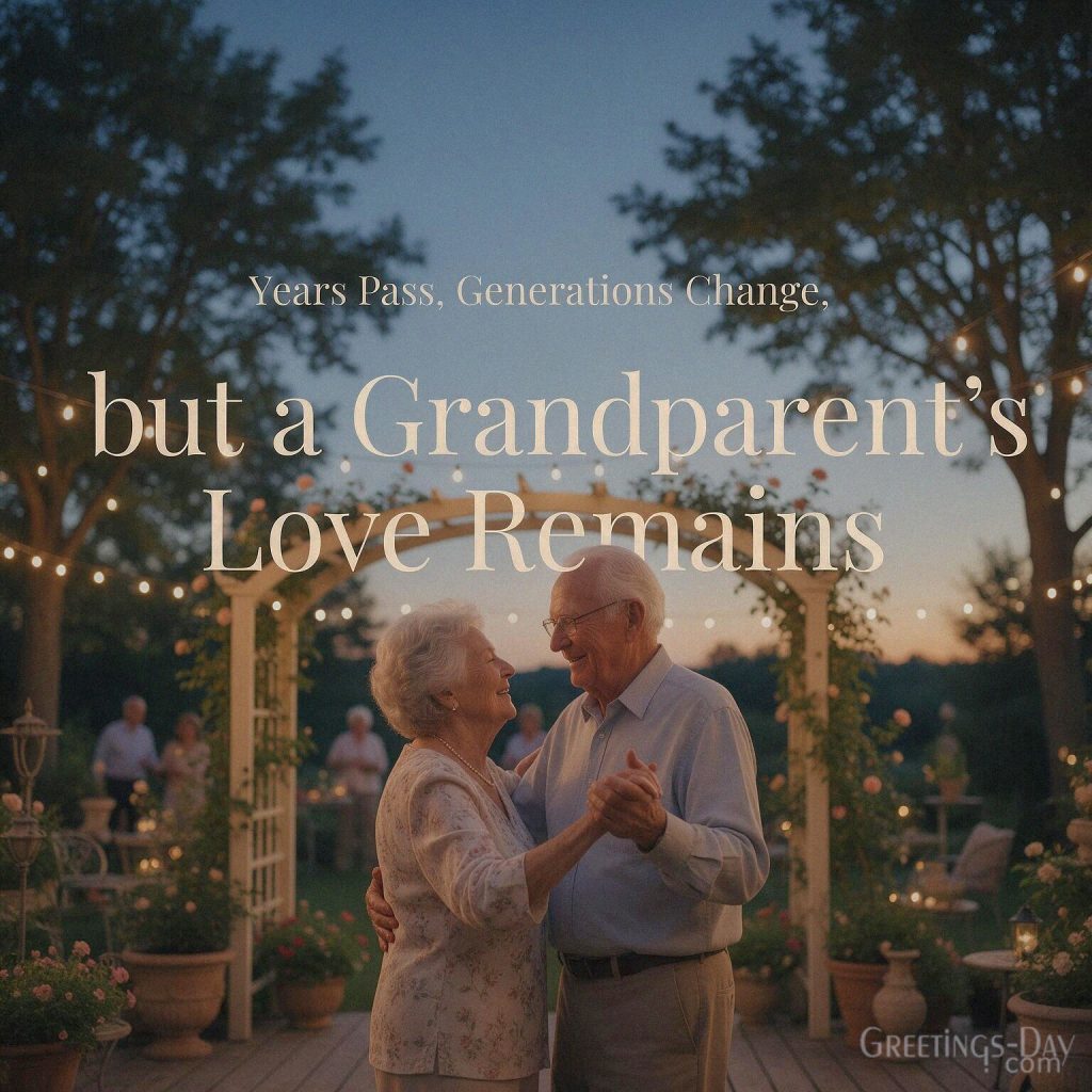 Inspirational grandparents love quote with Grandma and Grandpa beneath evening lights and “Years Pass