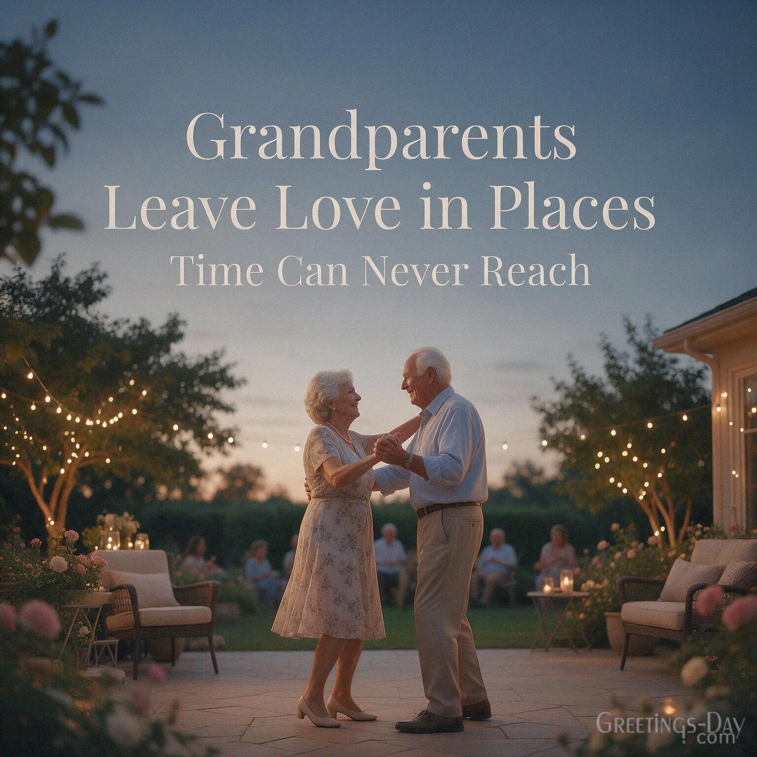 Timeless grandparents love quote with Grandma and Grandpa dancing together and “Grandparents Leave Love in Places Time Can Never Reach” with the text "Grandparents Leave Love in Pl