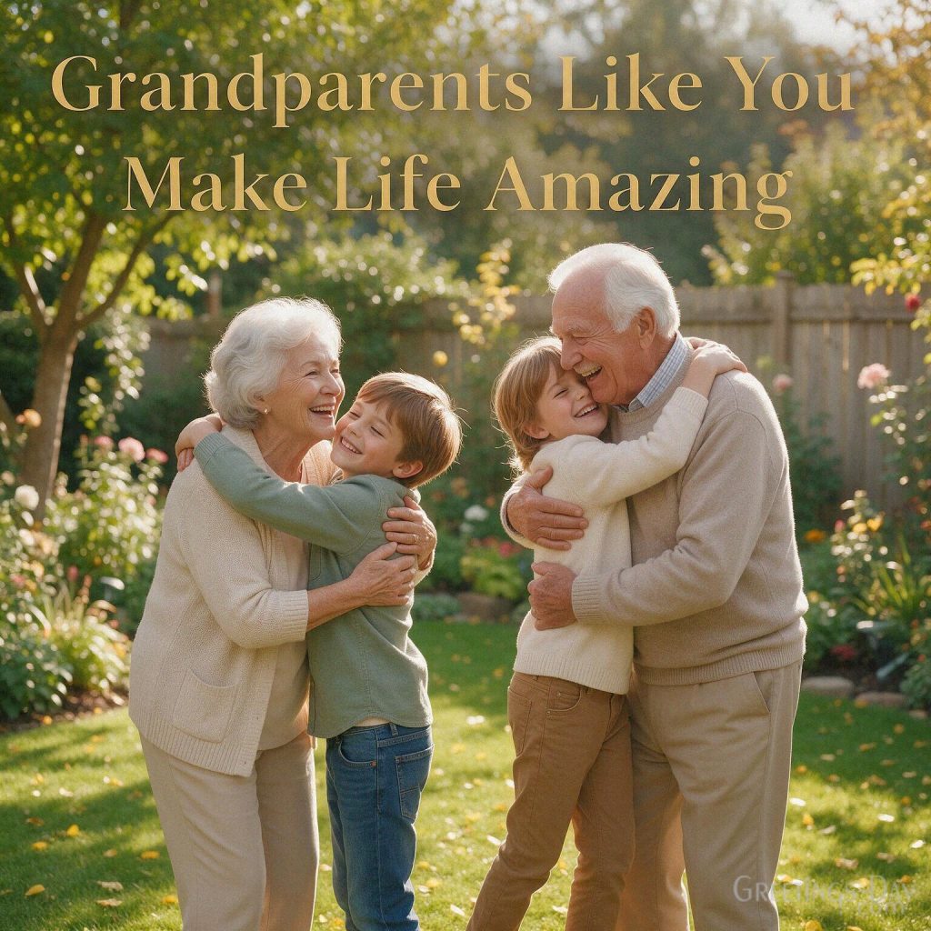 Grandparents Day family card showing grandchildren with Grandma and Grandpa and “Grandparents Like You Make Life Amazing” with the text