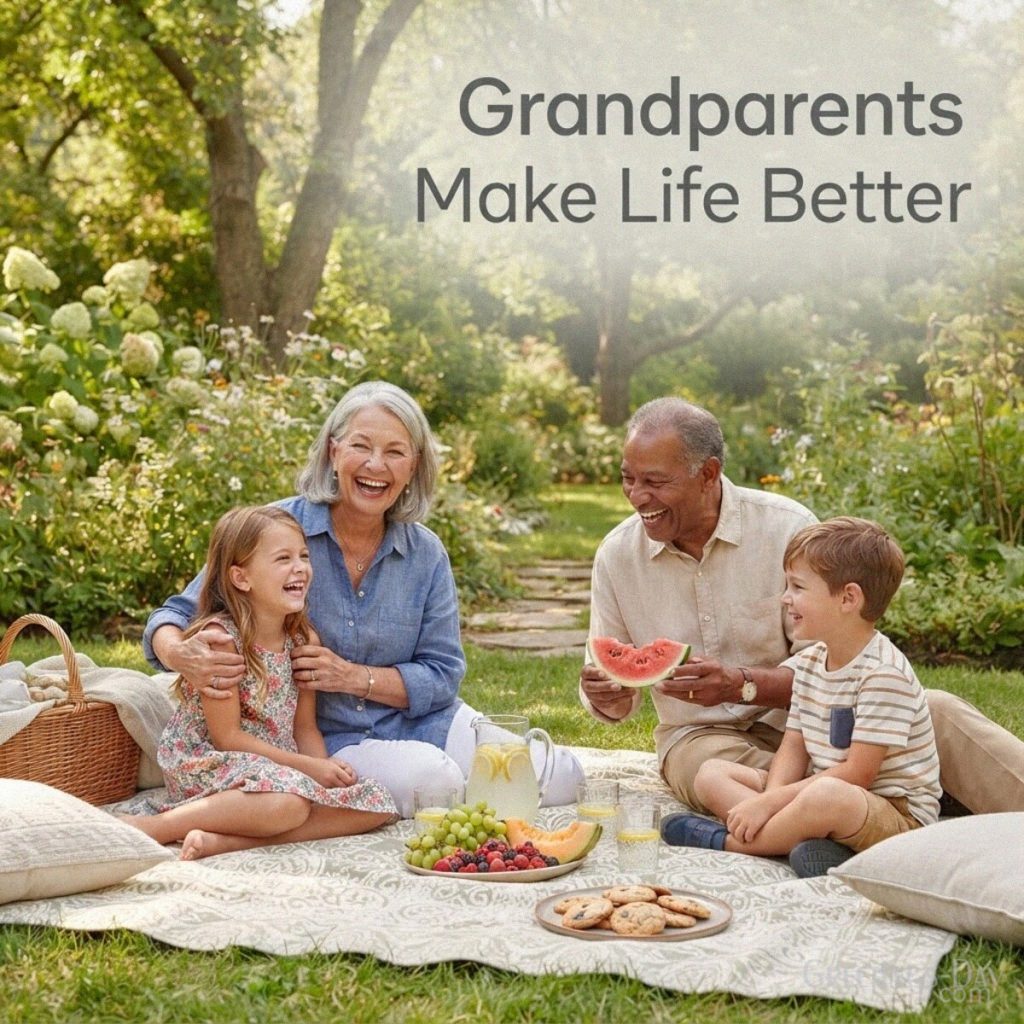 Cute grandparents message showing Grandma and Grandpa laughing with their grandchildren and “Grandparents Make Life Better” with the text 