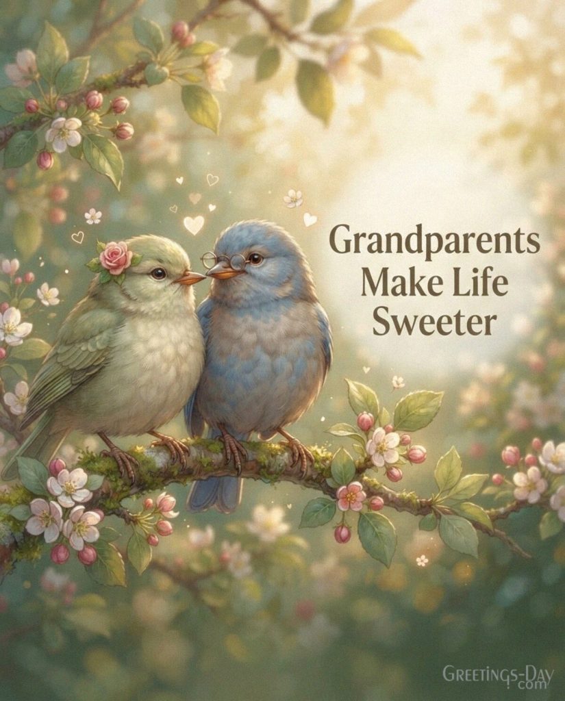 Grandparents Make Life Sweeter cute image with Grandma and Grandpa lovebirds surrounded by flowers and tiny hearts with the text