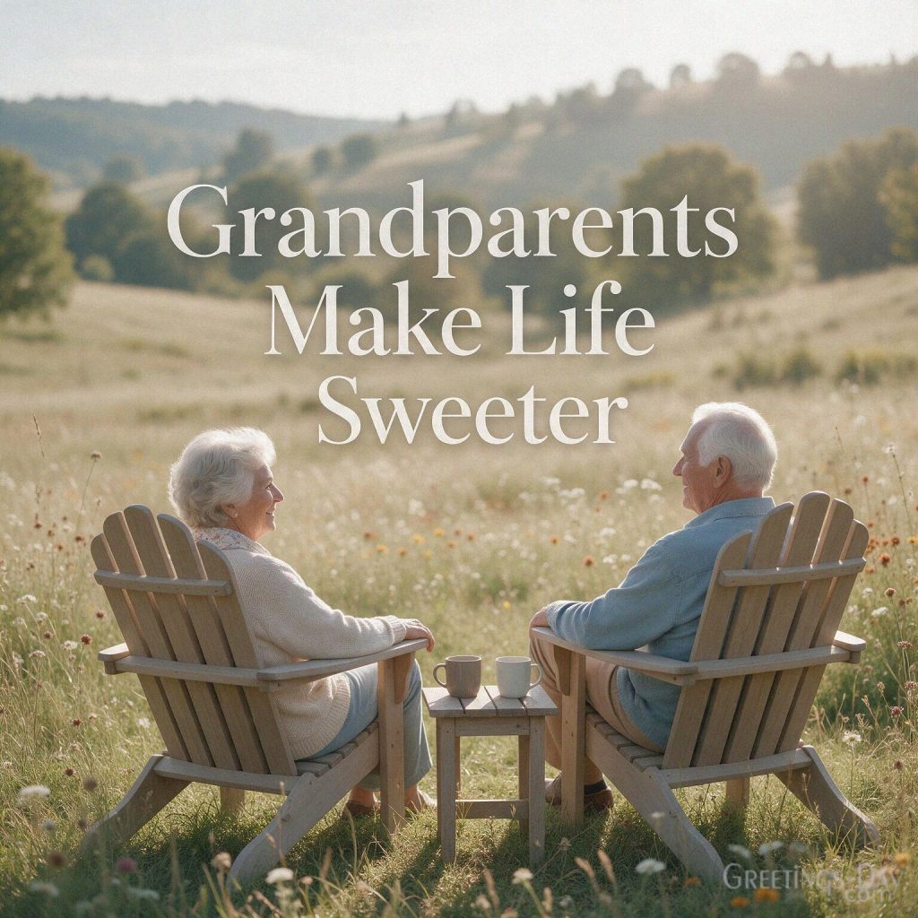 Short Grandparents Day quote with Grandma and Grandpa relaxing together and “Grandparents Make Life Sweeter” with the text