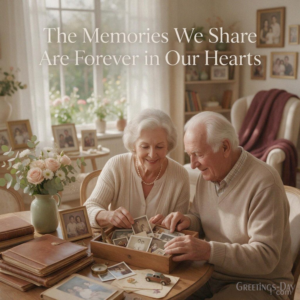 Meaningful Grandparents Day message with grandparents looking through family photos and “The Memories We Share Are Forever in Our Hearts” with the text 