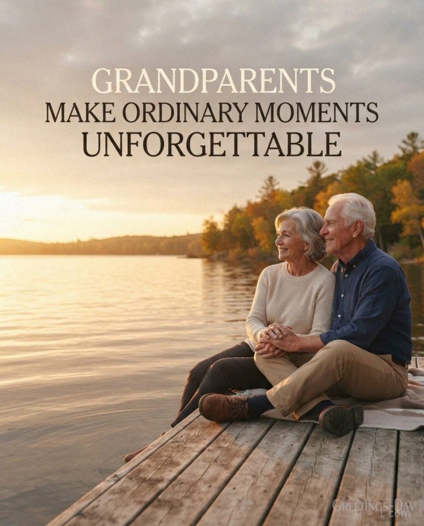 Grandparents Day love quote featuring Grandma and Grandpa together at golden hour and “Grandparents Make Ordinary Moments Unforgettable” with the text 