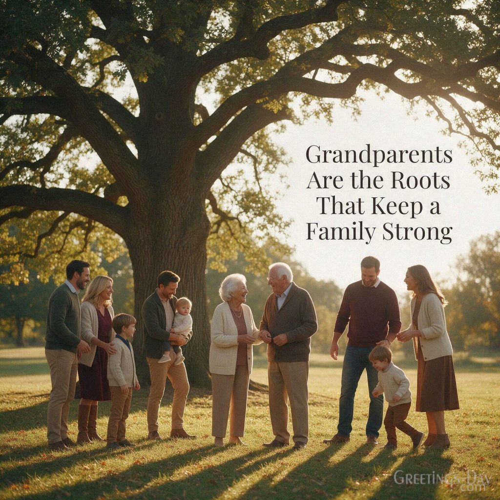 Grandparents family roots quote with multiple generations beneath an oak tree and “Grandparents Are the Roots That Keep a Family Strong” with the text 