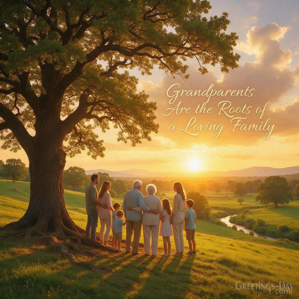 Meaningful Grandparents Day image of multiple generations beneath an oak tree with “Grandparents Are the Roots of a Loving Family” with the text 