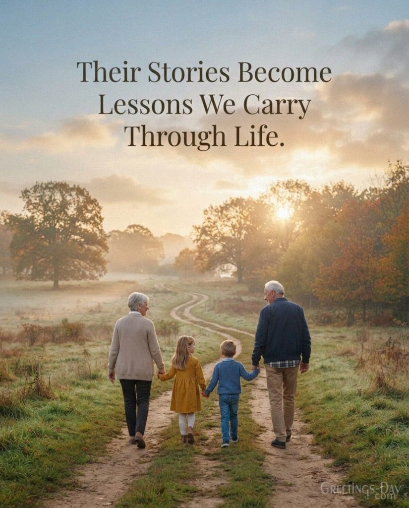 Grandparents wisdom quote showing Grandma and Grandpa walking with grandchildren and “Their Stories Become Lessons We Carry Through Life” with the text