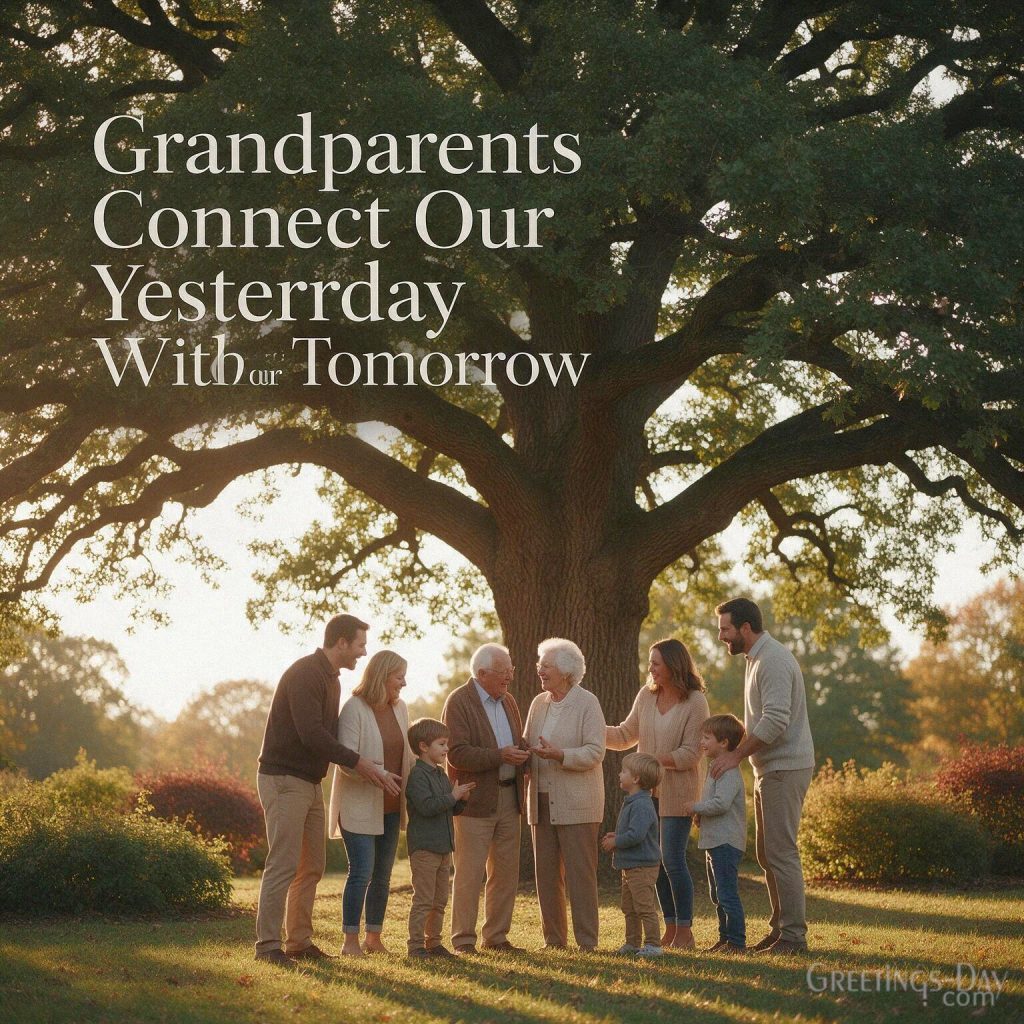 Meaningful grandparents legacy quote with a multigenerational family and “Grandparents Connect Our Yesterday With Our Tomorrow” with the text 