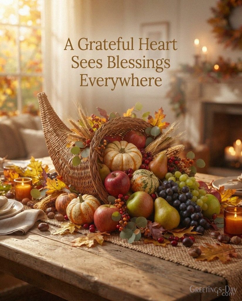 Grateful Thanksgiving message with pumpkins and golden harvest decor featuring “A Grateful Heart Sees Blessings Everywhere” with the text 