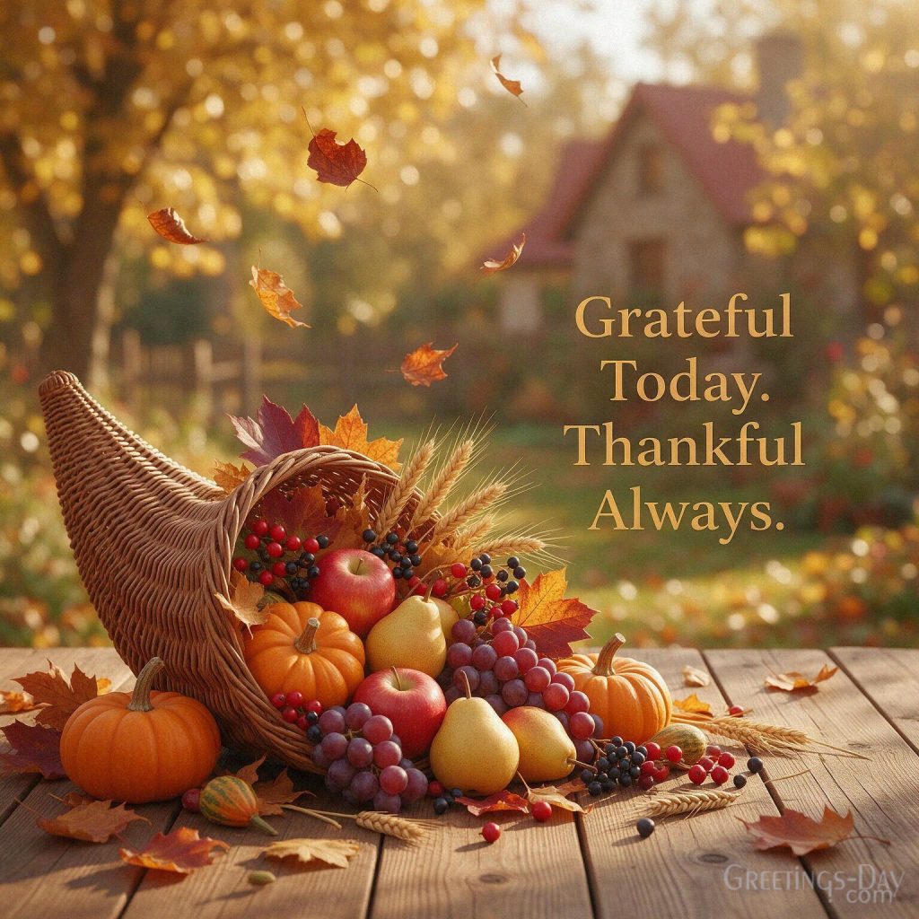 Grateful Thanksgiving image with a golden autumn harvest and the inspirational message “Grateful Today. Thankful Always.” with the text 