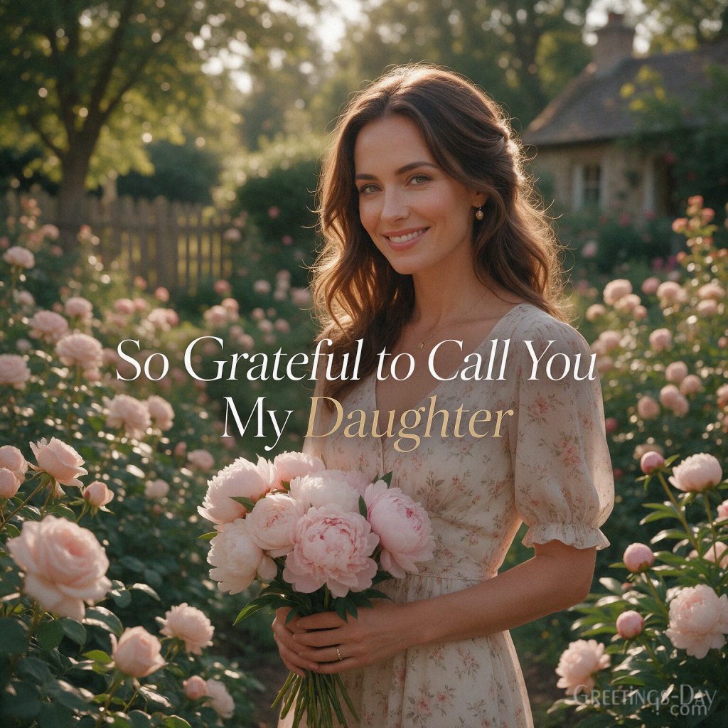 Loving National Daughters Day card reading “So Grateful to Call You My Daughter” beside an elegant daughter portrait and flowers. with the text 