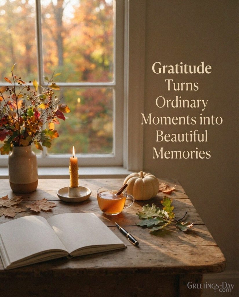 Thoughtful Thanksgiving gratitude message with candlelight and fall leaves featuring “Gratitude Turns Ordinary Moments into Beautiful Memories” with the text 