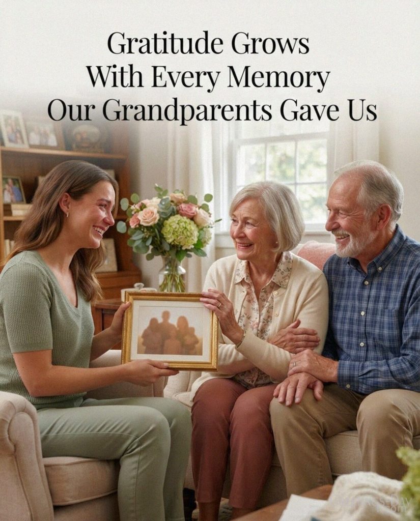Grandparents appreciation quote with a framed family photo and “Gratitude Grows With Every Memory Our Grandparents Gave Us” with the text