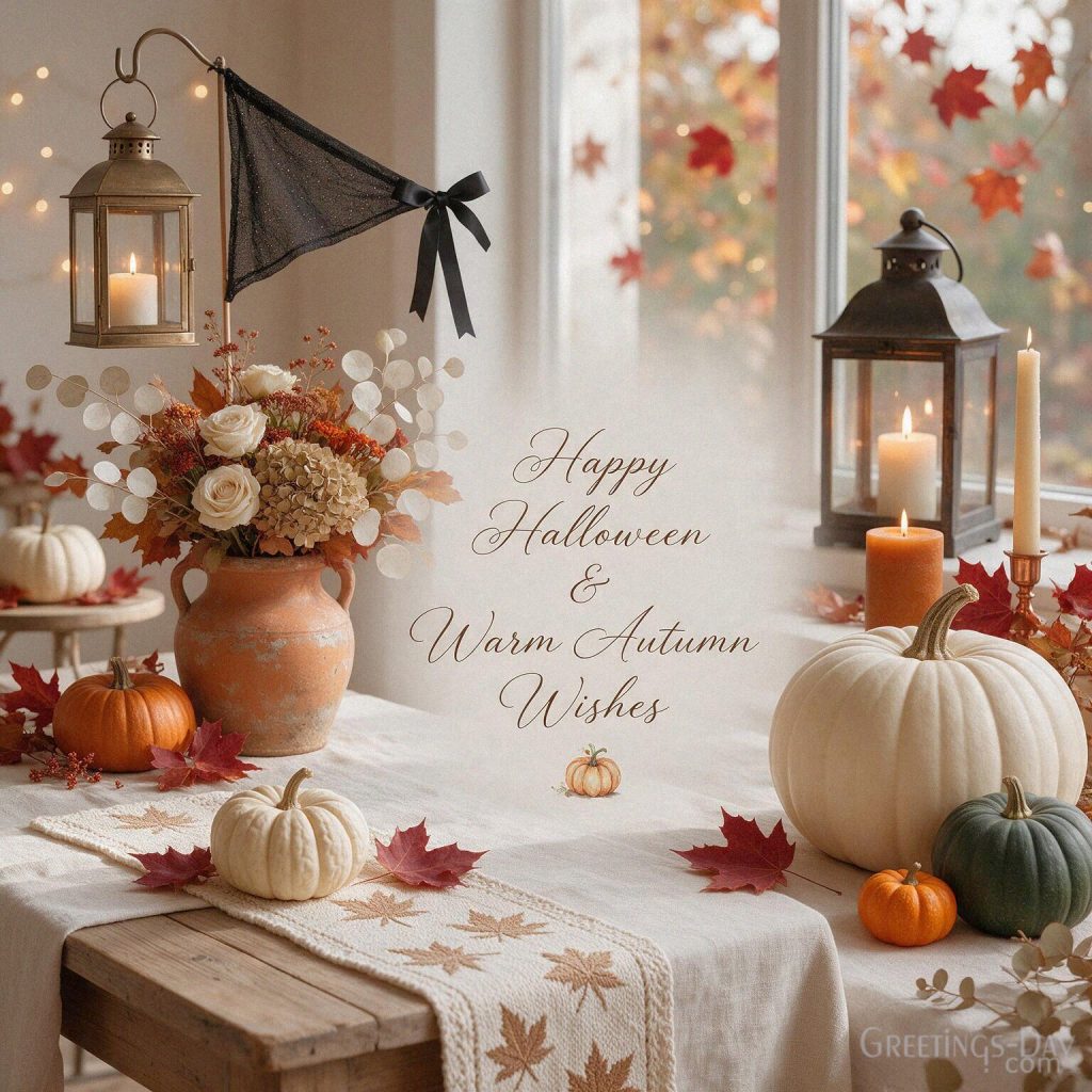 Happy Halloween and warm autumn wishes card with elegant pumpkins