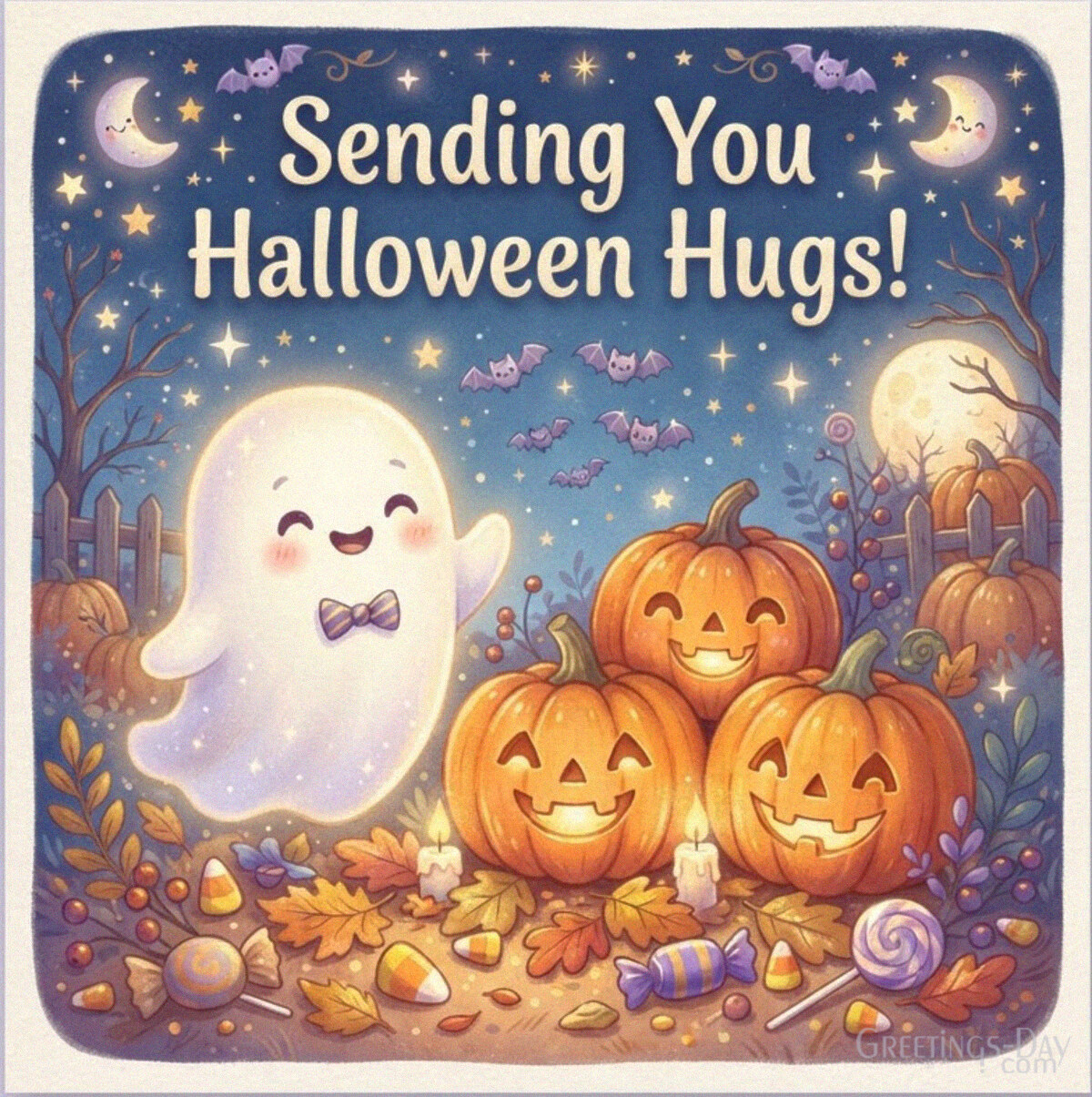 Sending You Halloween Hugs cute greeting with friendly ghost