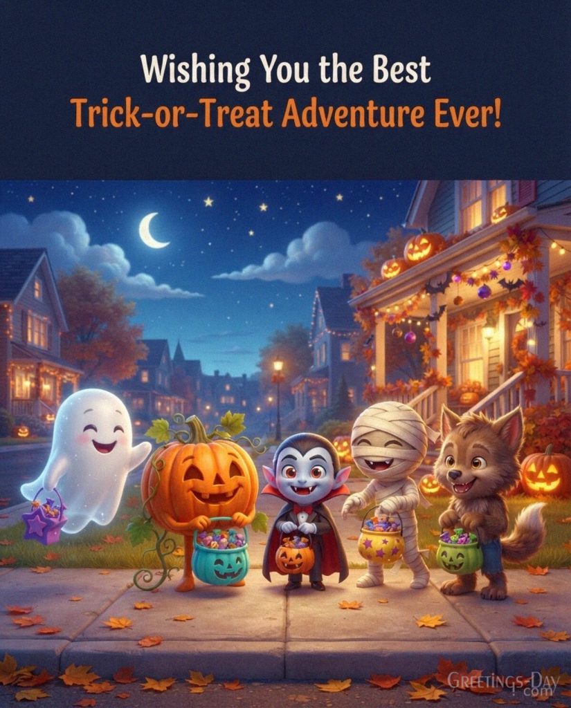 Trick-or-treat Halloween message for kids with friendly costumed characters