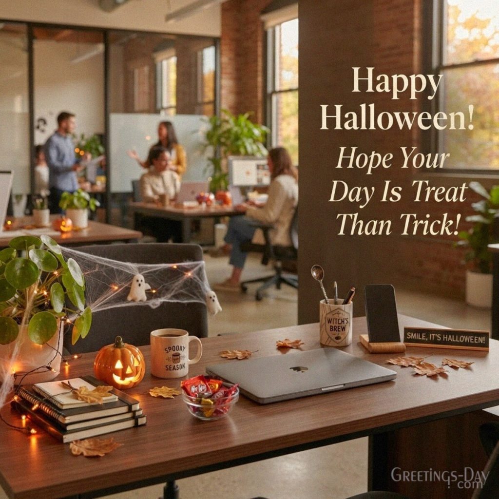 Halloween message for coworkers with a decorated office desk