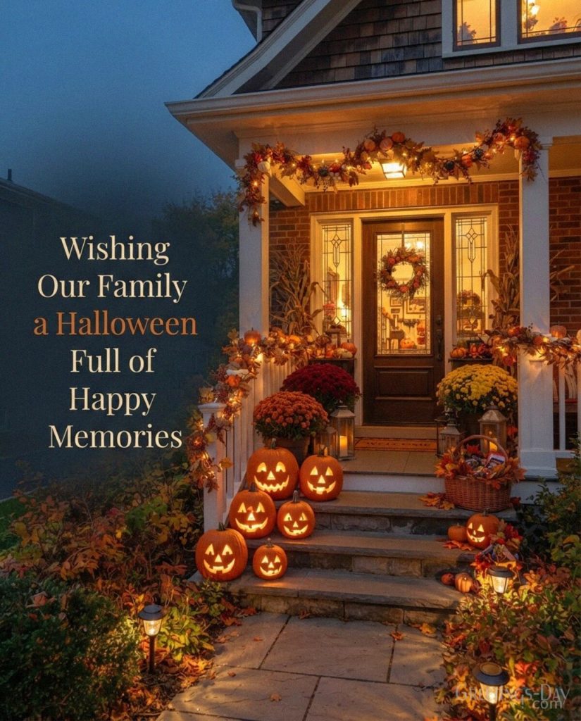 Family Halloween wishes image with glowing jack-o’-lanterns