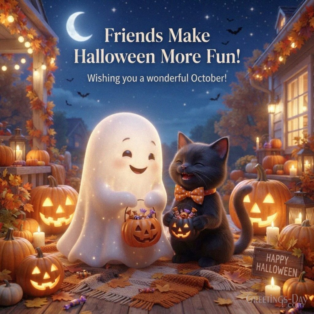 Halloween message for friends featuring a friendly ghost and black cat with glowing jack-o’-lanterns and “Friends Make Halloween More Fun!” with the text 
