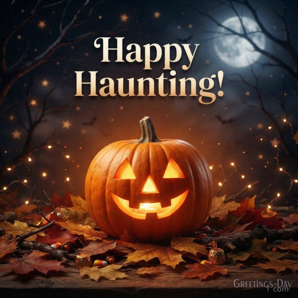 Classic Halloween greeting image with a glowing jack-o’-lantern