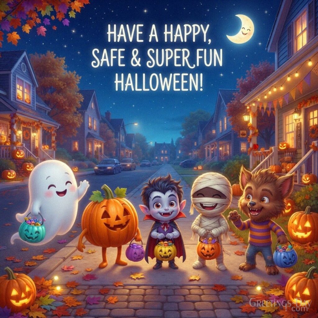 Happy Halloween greeting for kids with cute monsters