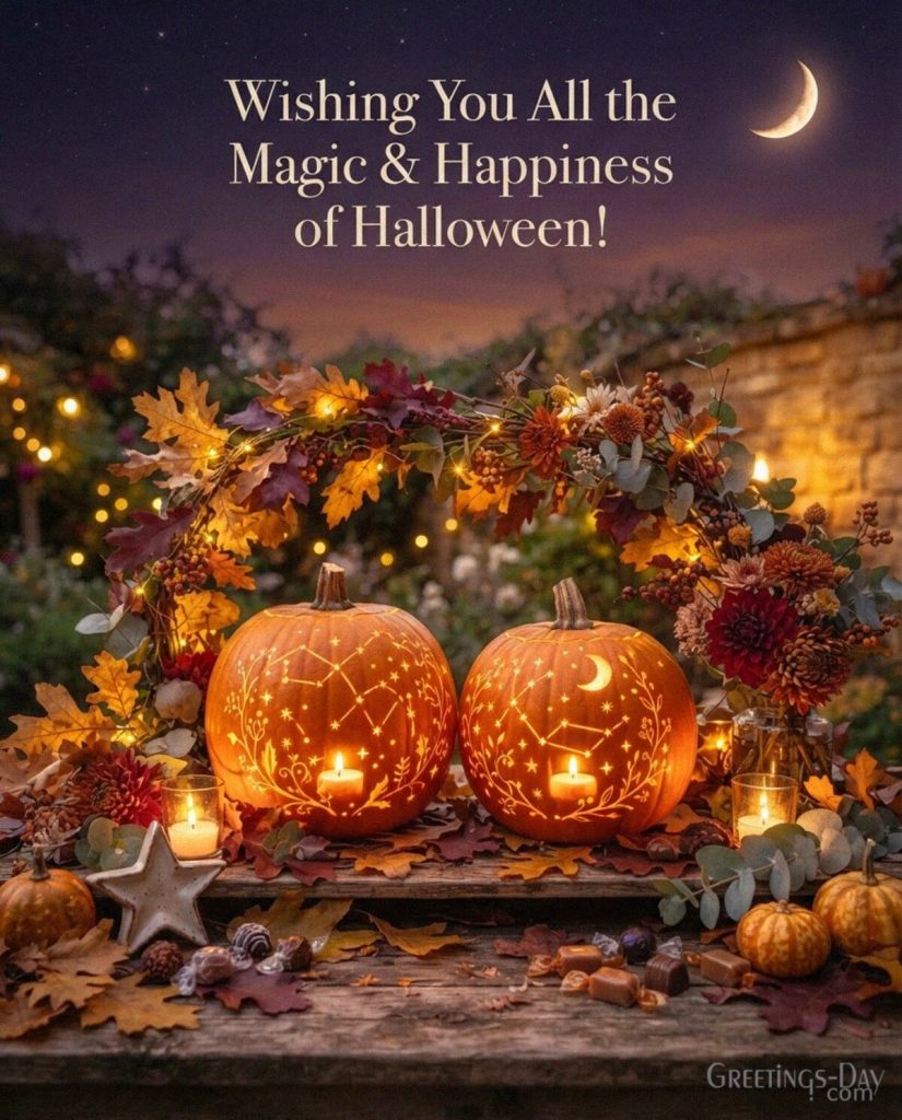 Special Halloween wishes image with two glowing pumpkins