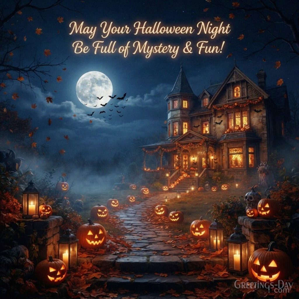 Halloween night wishes image with a mysterious moonlit path