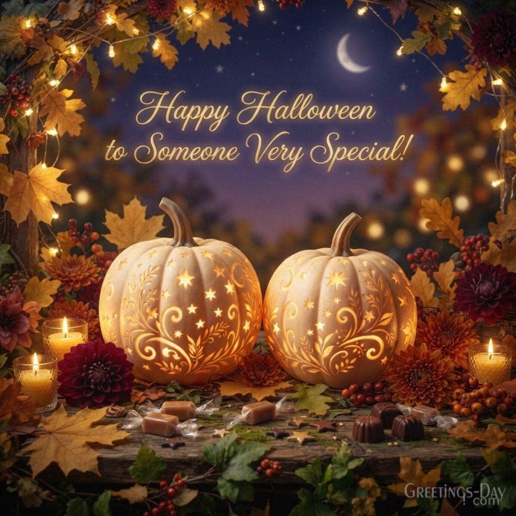 Halloween message for someone special with two glowing pumpkins