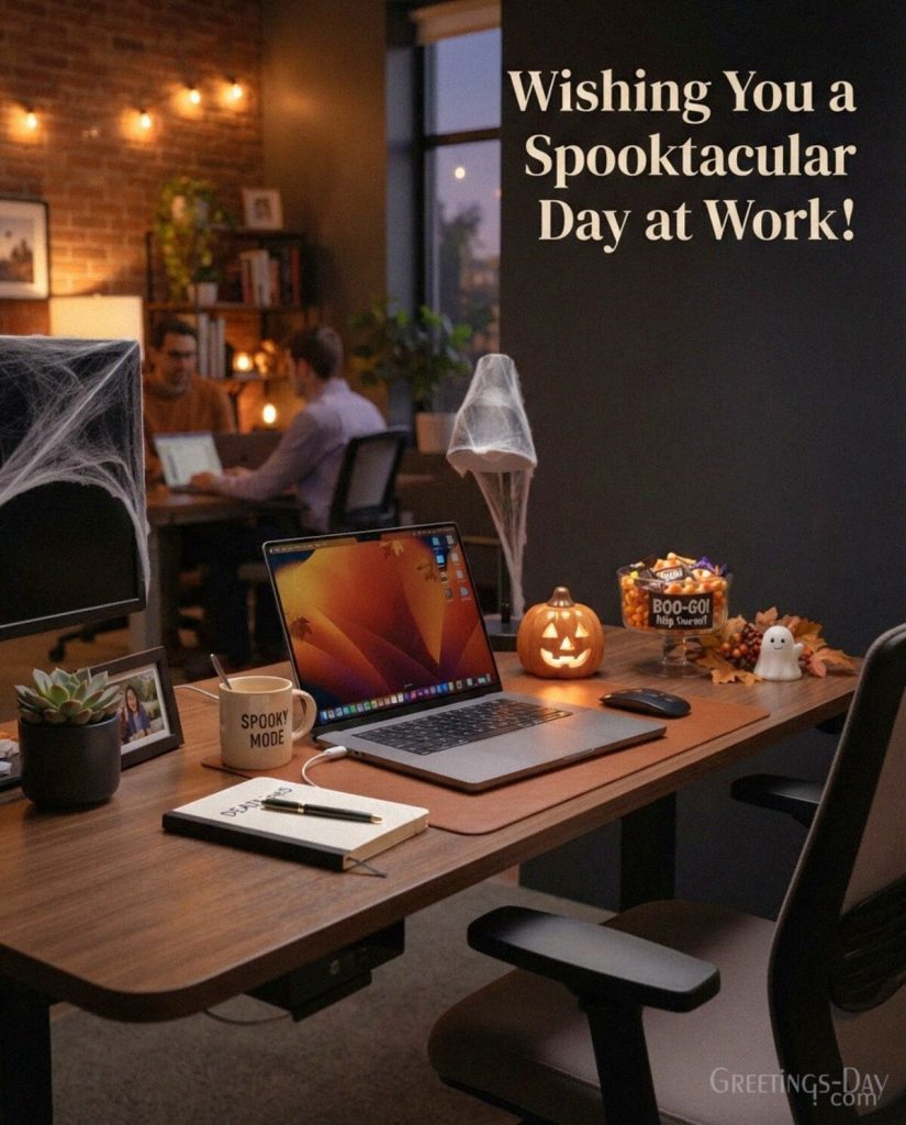 Halloween coworker greeting with office decorations