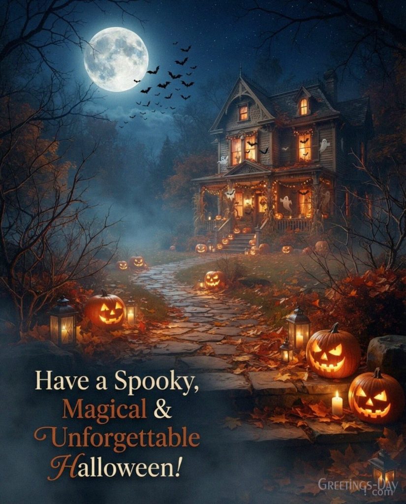 Spooky Halloween greeting with a moonlit haunted house
