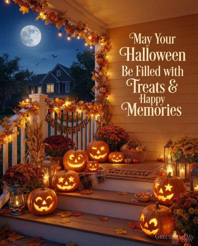 Happy Halloween wishes image with glowing jack-o’-lanterns