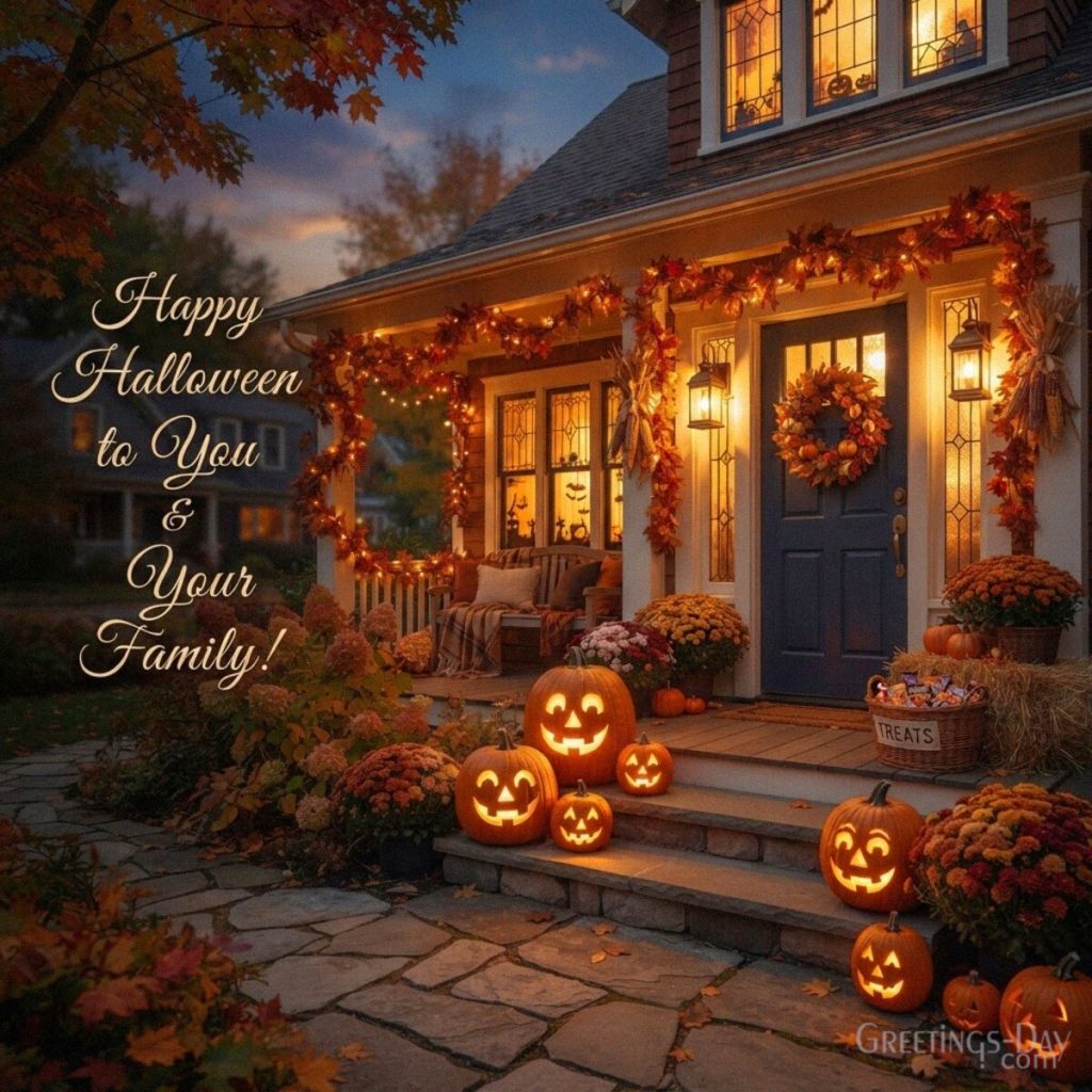 Halloween message for family with glowing pumpkins on a cozy autumn porch and “Happy Halloween to You & Your Family!” with the text