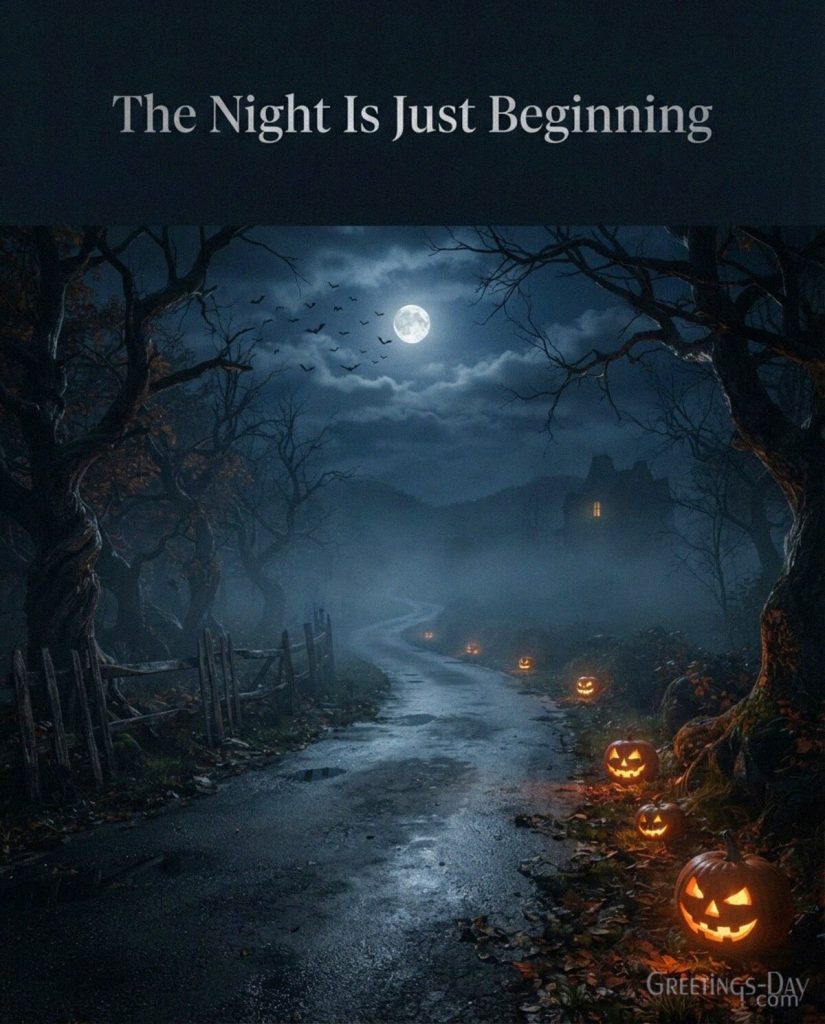 The Night Is Just Beginning scary Halloween night picture featuring a foggy road