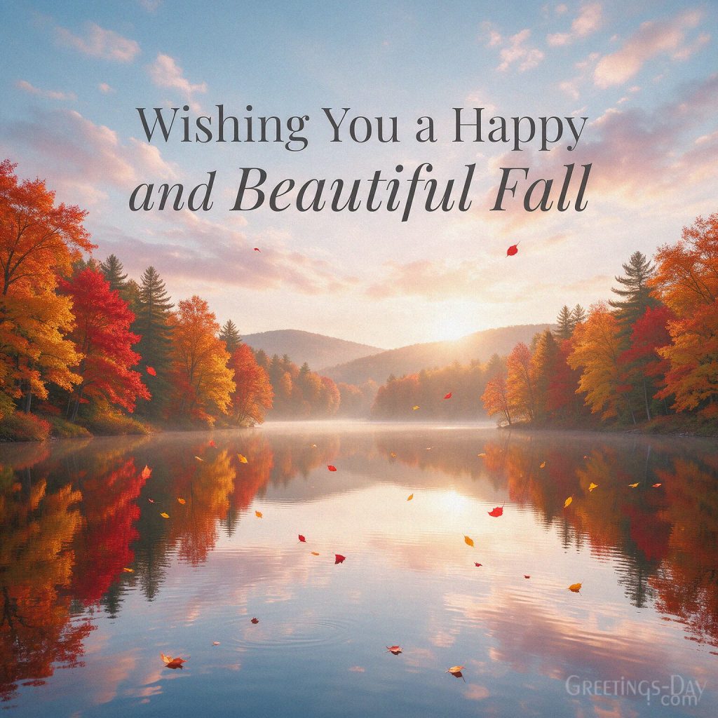 First Day of Fall wishes image with peaceful autumn lake and colorful trees featuring “Wishing You a Happy and Beautiful Fall” with the text