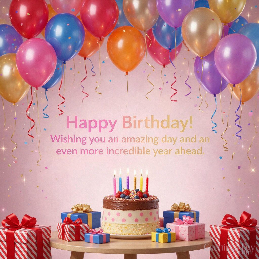 Happy Birthday Messages image featuring “Happy Birthday! Wishing you an amazing day and an even more incredible year ahead.” with the text 